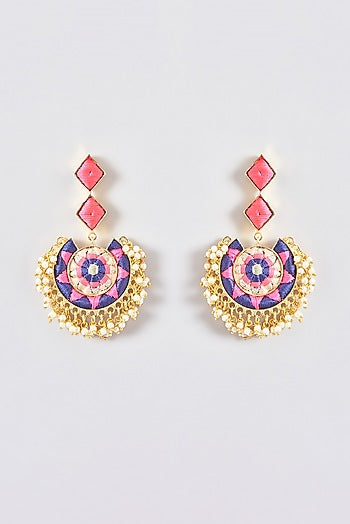 Gold Finish Silk Thread Embroidered Chandbali Earrings