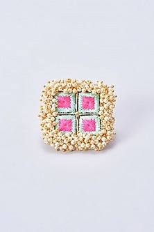 Gold Finish Embroidered Ring With Pearl Beads