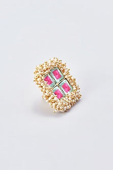 Gold Finish Embroidered Ring With Pearl Beads