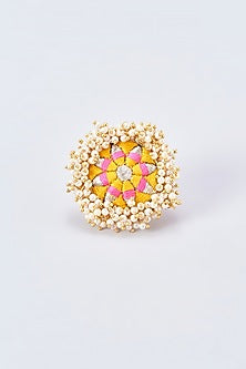 Gold Finish Embroidered Ring With Pearl Beads