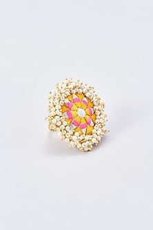 Gold Finish Embroidered Ring With Pearl Beads