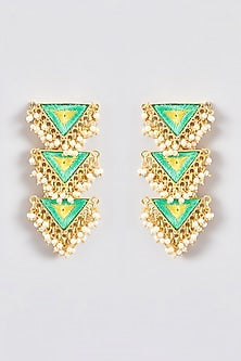 Gold Finish Silk Thread Embroidered Triangle Dangler Earrings