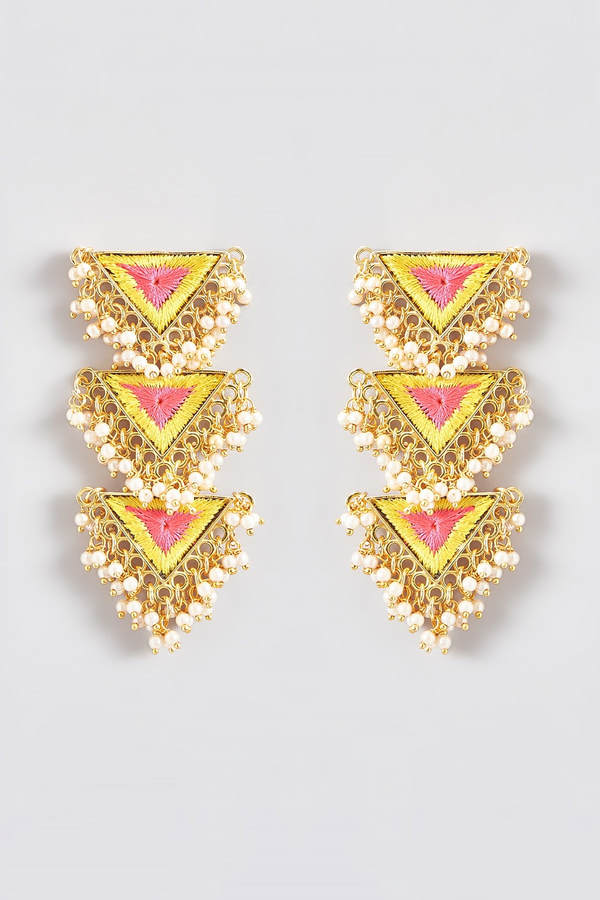 Gold Finish Silk Thread Embroidered Triangle Dangler Earrings