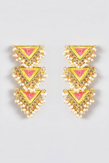 Gold Finish Silk Thread Embroidered Triangle Dangler Earrings