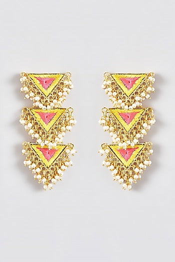 Gold Finish Silk Thread Embroidered Triangle Dangler Earrings