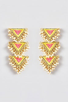 Gold Finish Silk Thread Embroidered Triangle Dangler Earrings