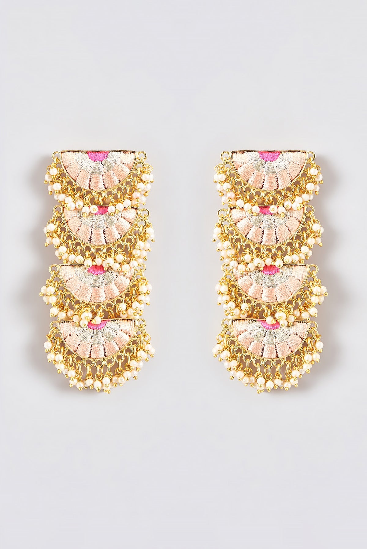 Gold Finish Silk Thread Embroidered Semi-Circle Dangler Earrings