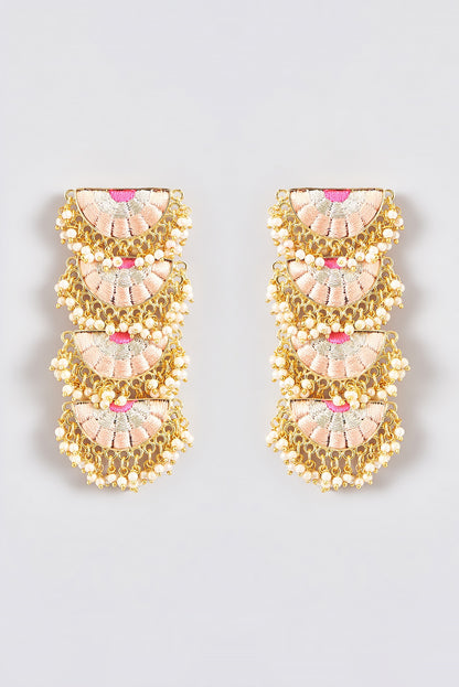 Gold Finish Silk Thread Embroidered Semi-Circle Dangler Earrings