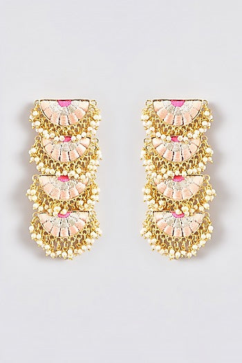 Gold Finish Silk Thread Embroidered Semi-Circle Dangler Earrings