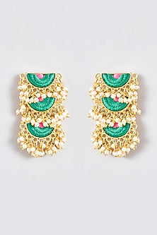 Gold Finish Silk Thread Embroidered Tiered Semi-Circle Dangler Earrings