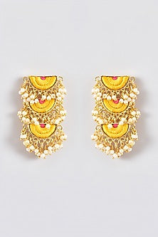 Gold Finish Silk Thread Embroidered Tiered Semi-Circle Dangler Earrings