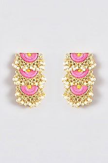 Gold Finish Silk Thread Embroidered Tiered Semi-Circle Dangler Earrings