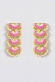 Gold Finish Silk Thread Embroidered Layered Semi-Circle Dangler Earrings
