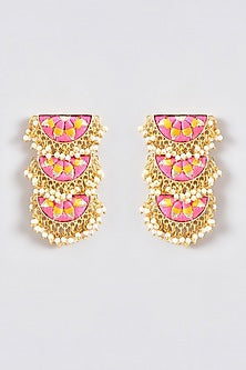 Gold Finish Silk Thread Embroidered Tiered Semi-Circle Dangler Earrings