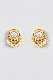 Gold Finish Silk Thread Embroidered Circle Stud Earrings