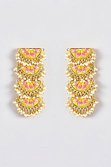 Gold Finish Silk Thread Embroidered Layered Semi-Circle Dangler Earrings