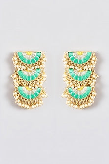 Gold Finish Silk Thread Embroidered Tiered Semi-Circle Dangler Earrings