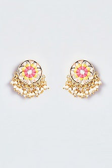 Gold Finish Silk Thread Embroidered Circle Stud Earrings
