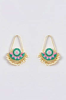 Gold Finish Silk Thread Embroidered Half Round Chandbali Earrings