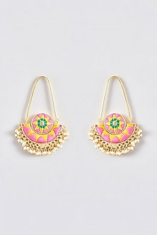 Gold Finish Silk Thread Embroidered Half Round Chandbali Earrings