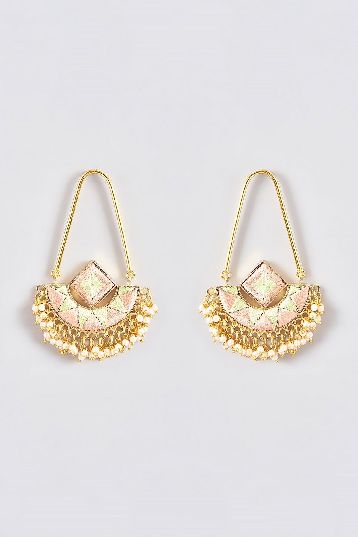 Gold Finish Silk Thread Embroidered Square Chandbali Earrings