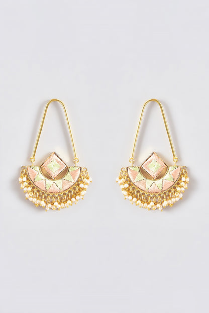 Gold Finish Silk Thread Embroidered Square Chandbali Earrings