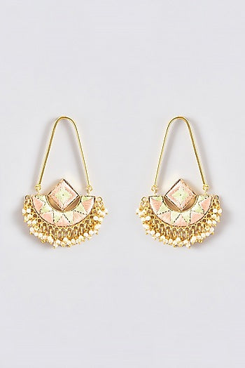 Gold Finish Silk Thread Embroidered Square Chandbali Earrings