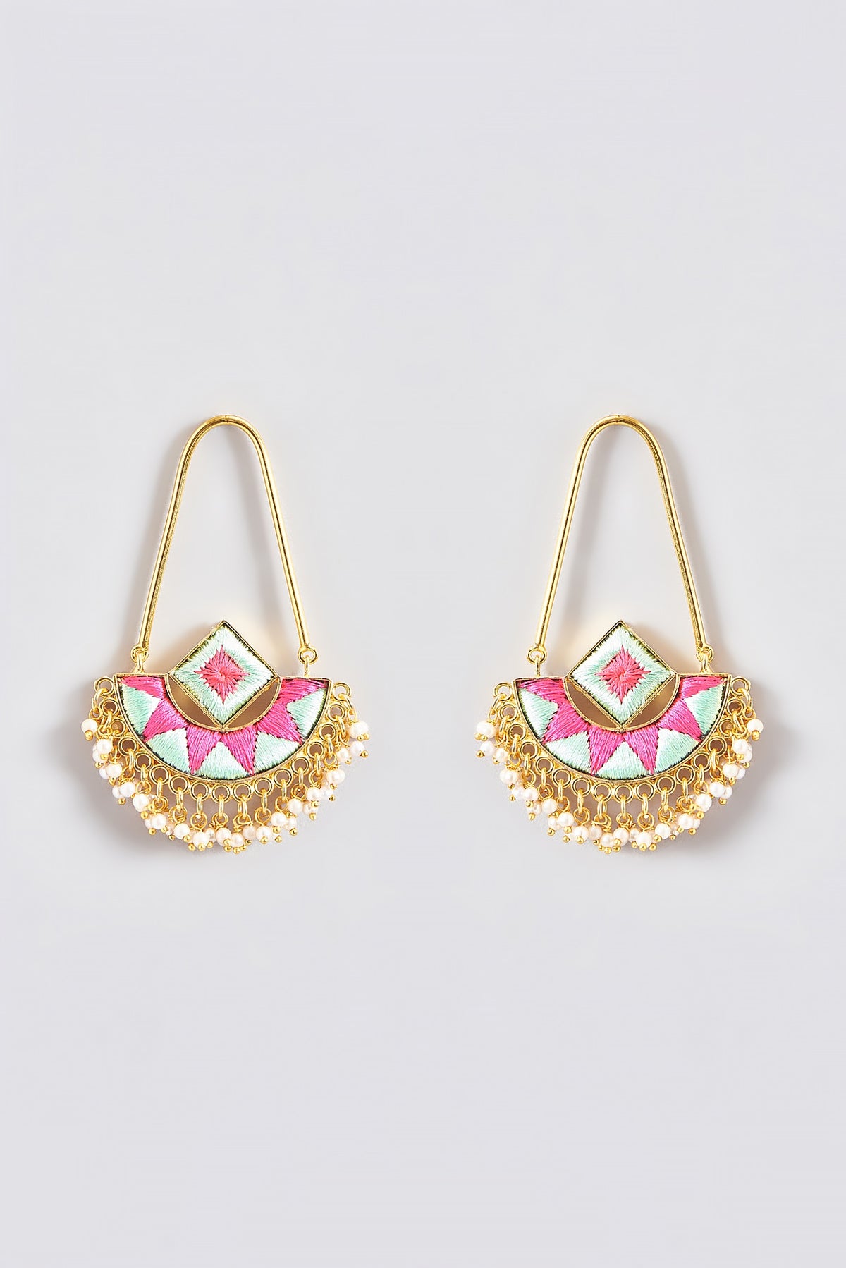 Gold Finish Silk Thread Embroidered Square Chandbali Earrings