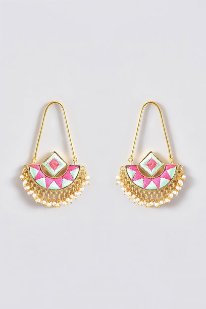 Gold Finish Silk Thread Embroidered Square Chandbali Earrings