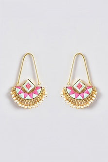 Gold Finish Silk Thread Embroidered Square Chandbali Earrings