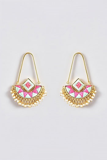 Gold Finish Silk Thread Embroidered Square Chandbali Earrings