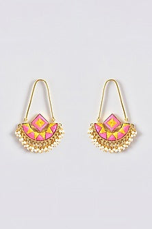 Gold Finish Silk Thread Embroidered Square Chandbali Earrings