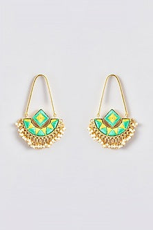 Gold Finish Silk Thread Embroidered Square Chandbali Earrings