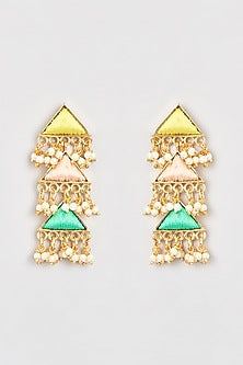 Gold Finish Silk Thread Embroidered Layered Triangle Dangler Earrings