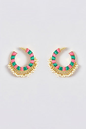 Gold Finish Silk Thread Embroidered Circular Hoop Earrings
