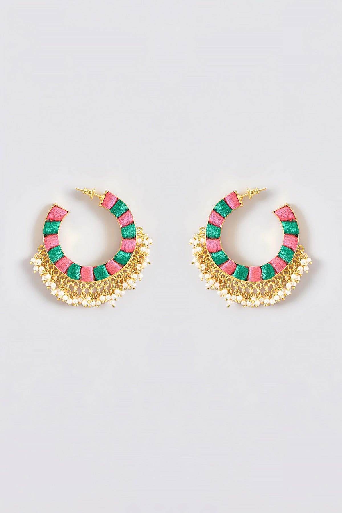 Gold Finish Silk Thread Embroidered Circular Hoop Earrings