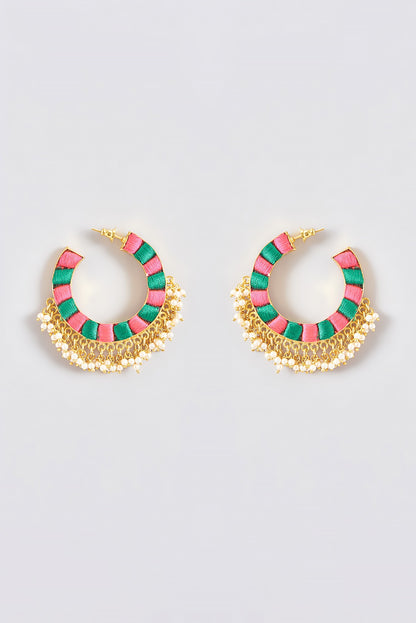 Gold Finish Silk Thread Embroidered Circular Hoop Earrings