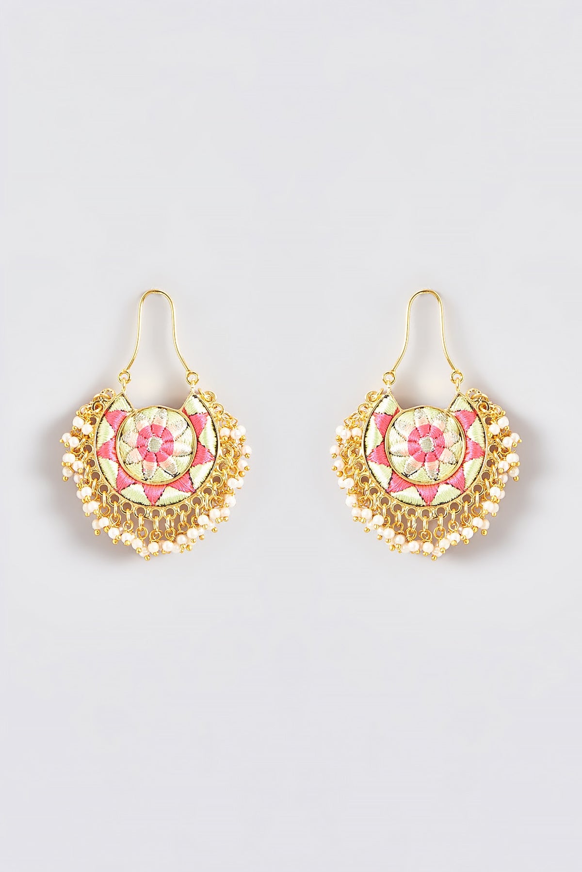 Gold Finish Silk Thread Embroidered Chandbali Earrings
