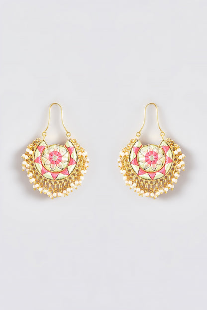 Gold Finish Silk Thread Embroidered Chandbali Earrings