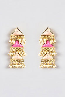 Gold Finish Silk Thread Embroidered Layered Triangle Dangler Earrings