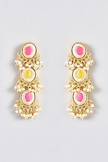 Gold Finish Silk Thread Embroidered Oval Dangler Earrings
