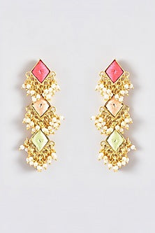 Gold Finish Silk Thread Embroidered Layered Rhombus Dangler Earrings