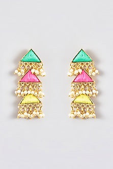 Gold Finish Silk Thread Embroidered Layered Triangle Dangler Earrings