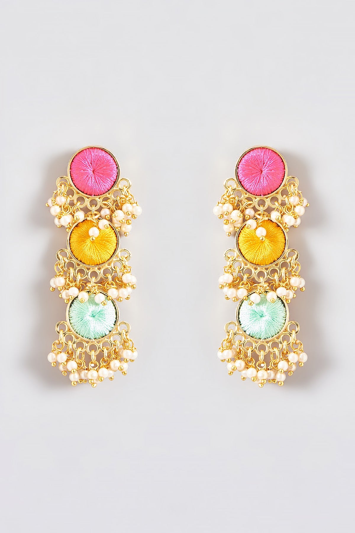 Gold Finish Silk Thread Embroidered Layered Circular Dangler Earrings
