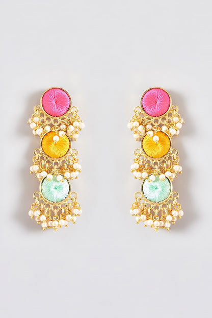 Gold Finish Silk Thread Embroidered Layered Circular Dangler Earrings