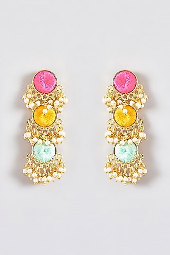 Gold Finish Silk Thread Embroidered Layered Circular Dangler Earrings