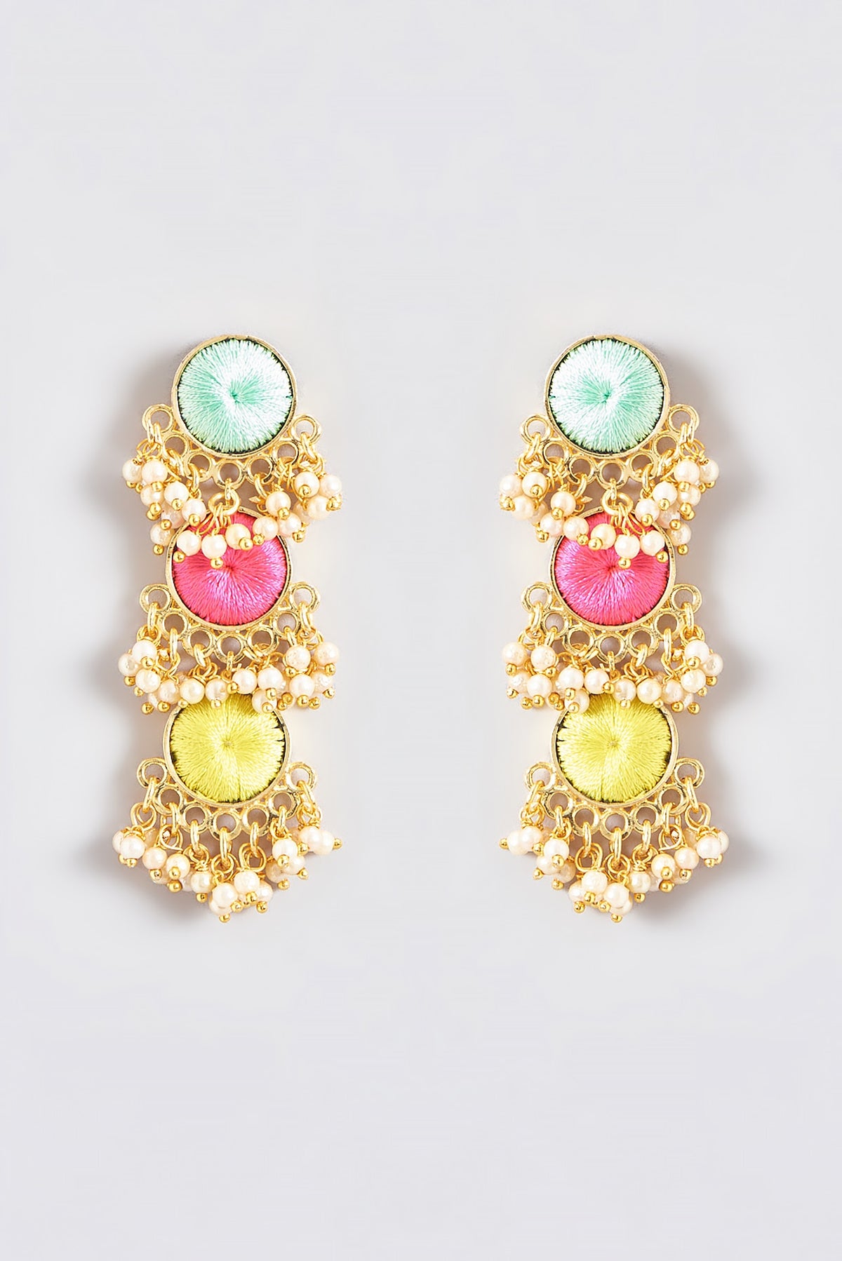 Gold Finish Silk Thread Embroidered Layered Circular Dangler Earrings