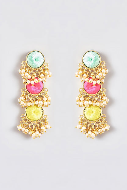 Gold Finish Silk Thread Embroidered Layered Circular Dangler Earrings