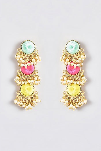 Gold Finish Silk Thread Embroidered Layered Circular Dangler Earrings