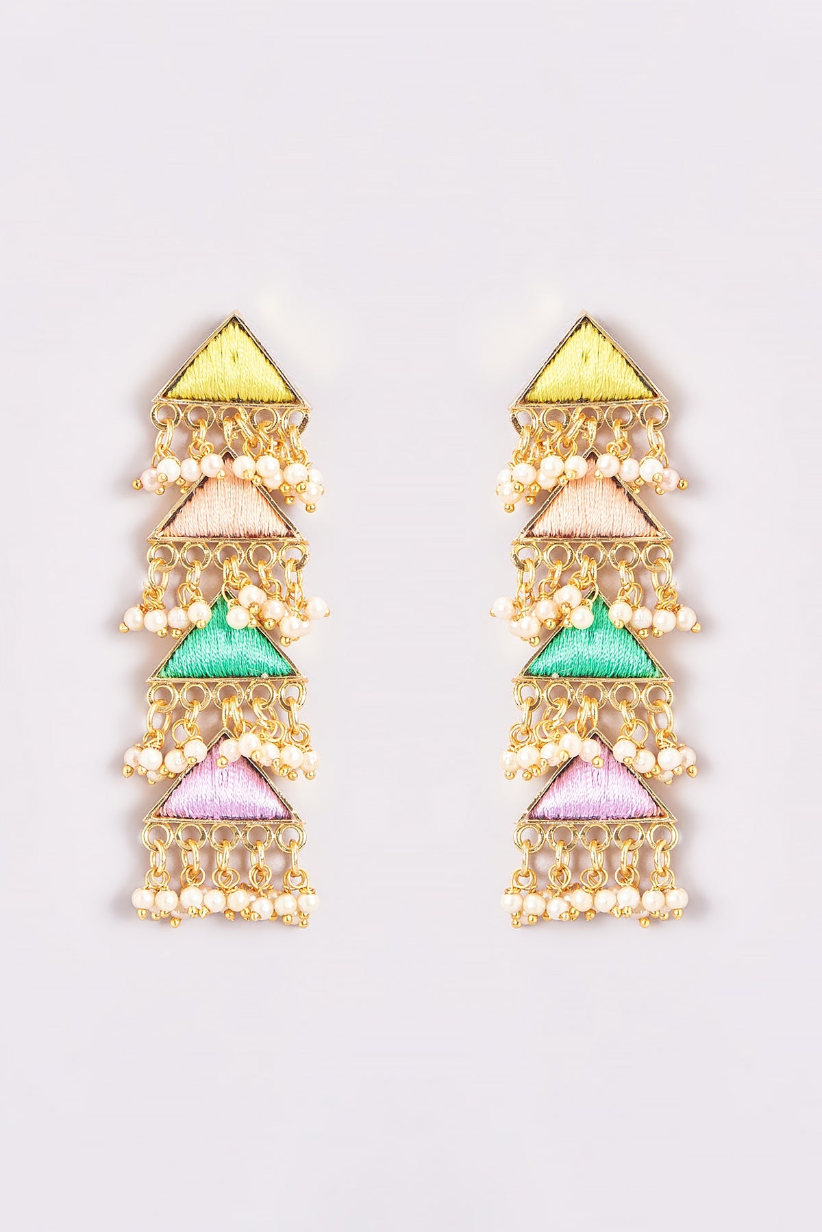 Gold Finish Silk Thread Embroidered Layered Triangle Dangler Earrings